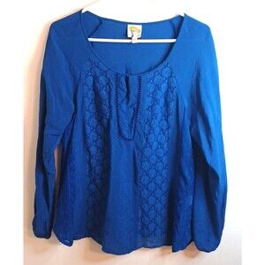 Anthropologie Fig and Flower Top PXL Royal Blue Scoop Neck Tunic Boho Peasant